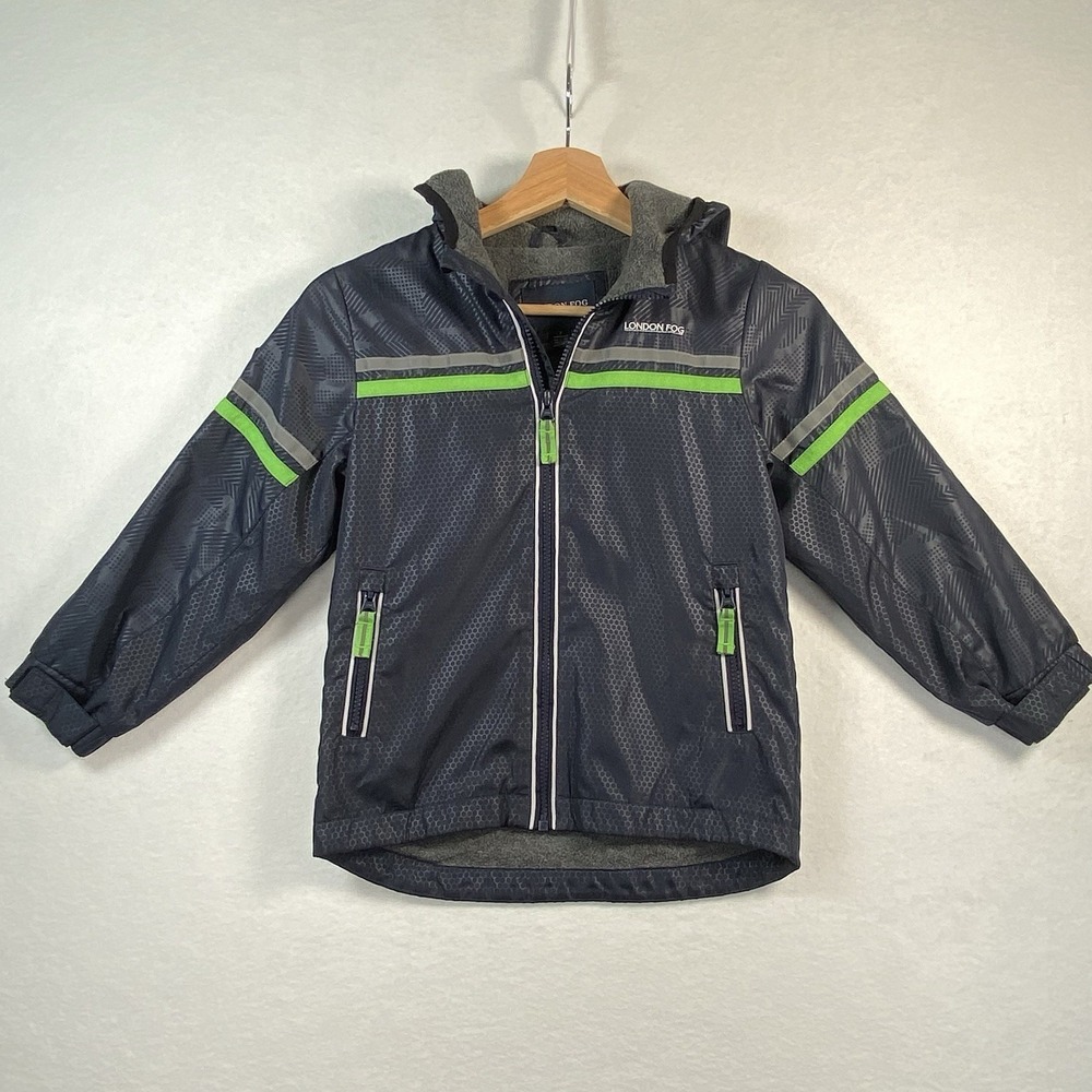 London Fog Hooded Windbreaker Kids Size 7 Navy Blue‎ Reflective Striped Active